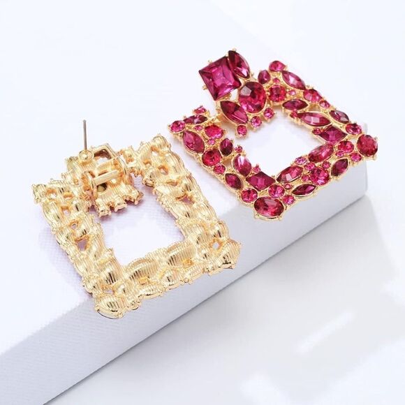 Yellow Gold with Pink Tourmaline and Sapphire Crystal Geometric Square Earrings - Picture 3 of 6